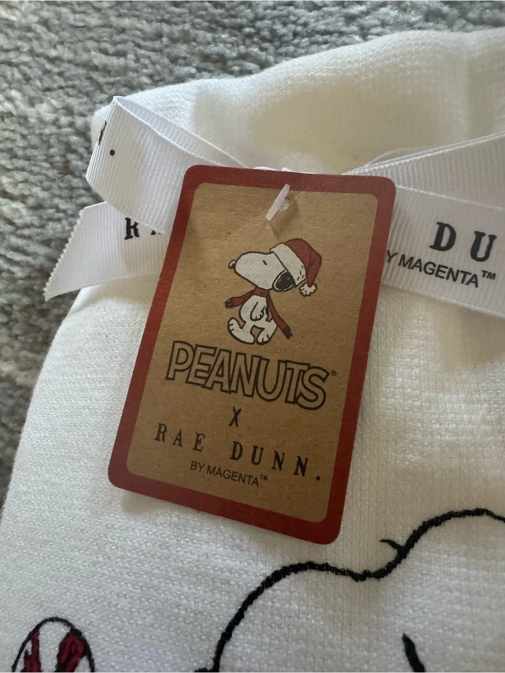Rae Dunn White Tea Towel with Snoopy Red & Black Holiday Design